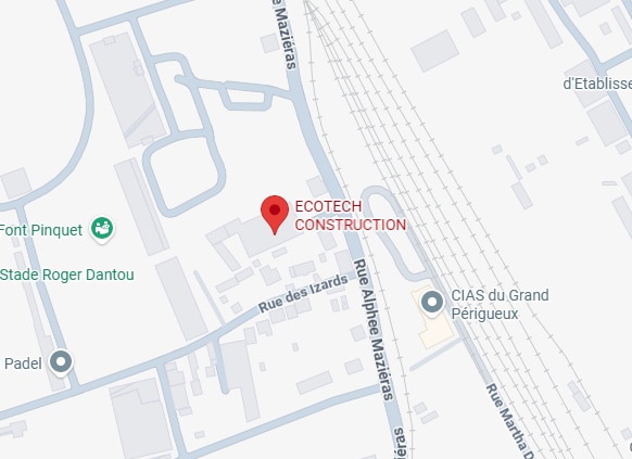Localisation Ecotech Construction à Périgueux : Plan d'Accès Carte de localisation de Ecotech Construction rue des Izards à Périgueux, près du Stade Roger Dantou.